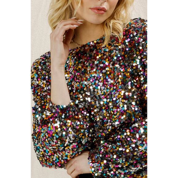 NWT En Creme Multi Color Rainbow Rubina Confetti Sequin Cropped Top - Picture 8 of 14
